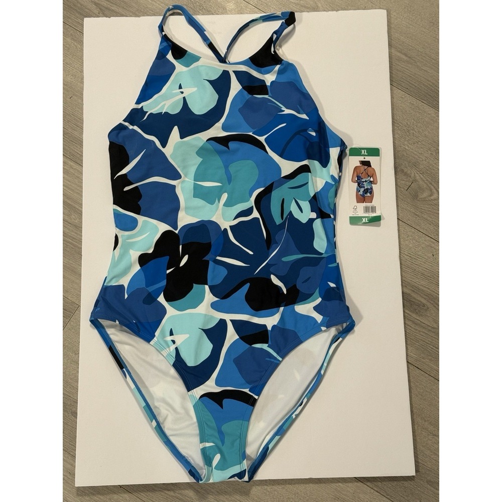 Nautica Blue Floral One Piece Swimsuit Adjustable Racerback Womens XL‎ New